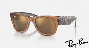 Ray Ban Mega Wayfarer Polished Transparent Brown Frame Gold Mirror Lenses Sunglasses