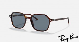 Ray Ban John Polished Striped Havana Frame Blue Lenses Sunglasses