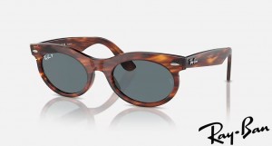 Ray Ban Wayfarer Oval Polished Striped Havana Frame Dark Blue Lenses Sunglasses