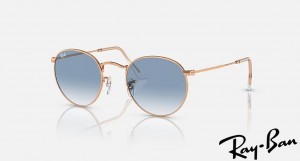 Ray Ban Round Metal Polished Rose Gold Frame Clear & Blue Lenses Sunglasses