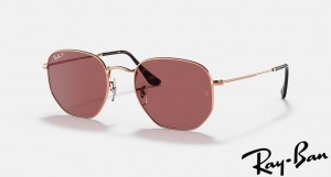 Ray Ban Hexagonal Flat Lenses Polished Rose Gold Frame Violet Lenses Sunglasses
