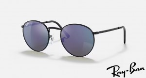 Ray Ban New Round Polished Black Frame Blue Mirror Lenses Sunglasses