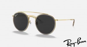 Ray Ban Round Double Bridge Polished Gold Frame Black Lenses Sunglasses