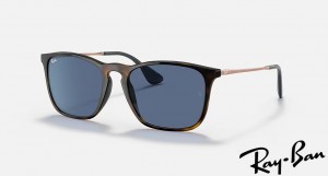 Ray Ban Chris Polished Havana Frame Blue Lenses Sunglasses