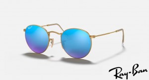 Ray Ban Round Flash Lenses Matte Gold Frame Blue Mirror Lenses Sunglasses