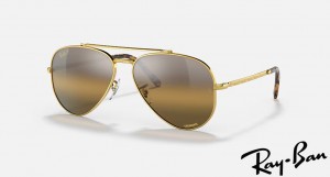 Ray Ban New Aviator Polished Gold Frame Silver/Brown Chromance Lenses Sunglasses