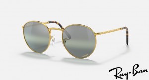 Ray Ban New Round Polished Gold Frame Silver/Green Chromance Lenses Sunglasses