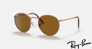 Ray Ban New Round Polished Rose Gold Frame Brown Lenses Sunglasses