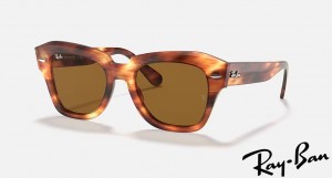 Ray Ban State Street Polished Striped Havana Frame Brown Lenses Sunglasses