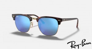 Ray Ban Clubmaster Flash Lenses Matte Havana On Gold Frame Blue Flash Mirror Lenses Sunglasses