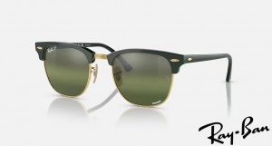 Ray Ban Clubmaster Chromance Polished Green On Gold Frame Silver/Green Chromance Lenses Sunglasses