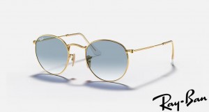 Ray Ban Round Flat Lenses Polished Gold Frame Light Blue Gradient Lenses Sunglasses