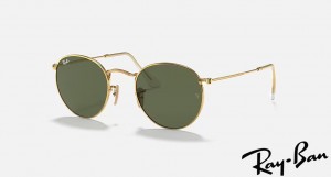 Ray Ban Round Flat Lenses Polished Gold Frame Green Lenses Sunglasses