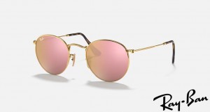 Ray Ban Round Flat Lenses Polished Gold Frame Brown Mirror Lenses Sunglasses