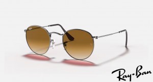 Ray Ban Round Flat Lenses Polished Gunmetal Frame Light Brown Gradient Lenses Sunglasses