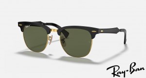 Ray Ban Clubmaster Aluminum Polished Black On Gold Frame Green Lenses Sunglasses